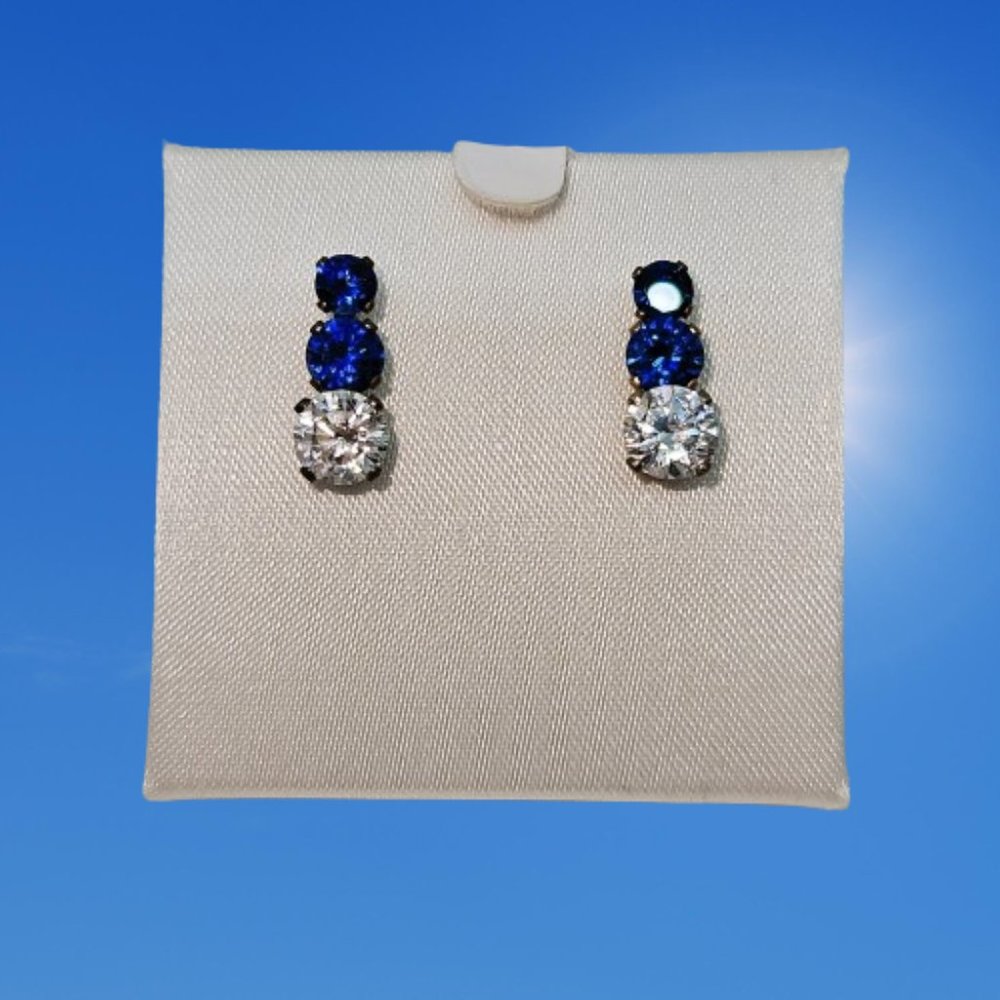 3 Stone Graduated Simulated Sapphire/Clear Drop Earrings